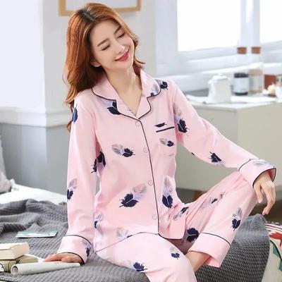 Damen-Pyjama-Set mit langen Ärmeln, Frühling und Herbst, bedruckter Blumenanzug, lockeres, atmungsaktives Hauskleidungs-Hosenblusen-Zweiteiler-Set