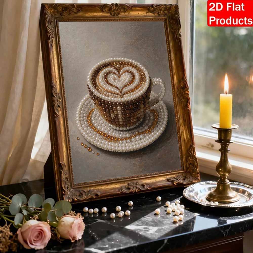 Creative Pearl Art on Stretched Frame Coffee Cup Heart Pattern DIY Sparkling Bead Canvas Relaxing Handmade Craft Gift for Kids