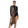 S-3XL Women Lyrical Dance Rhinestone Bodysuit Metallic Shiny Drape Long Sleeve Tassel Shoulder Boards Back Cutout Asymmetrical Leotard Jumpsuit
