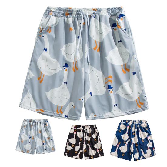 Men Beach Shorts Elastic Waist Adjustable Drawstring Cartoon Goose Print Beach Shorts Quick Drying Leisure Shorts