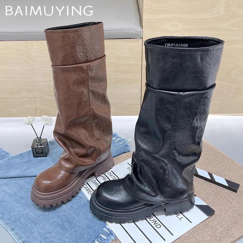 Platform Women Chunky High Boots Leather Fad Knee High Mid Heels Shoes 2025 Trend Designer Goth Winter Motorcycle Botas De Mujer