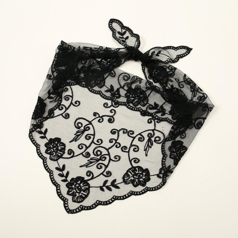 

Sheer Embroidered Flower Scarf Vintage Lace Triangle Scarf New Crochet Head Scarf Summer Black B
