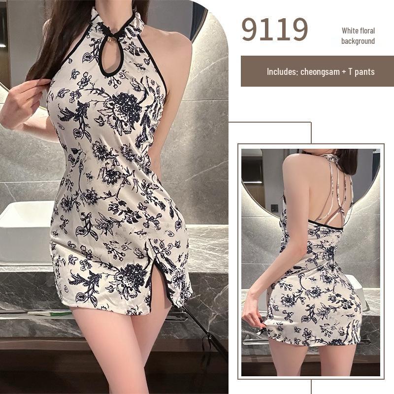 Mulan Retro Print Cheongsam Pajama Set - Sexy, Slim, High Slit, Bodycon Lingerie In Ancient Style