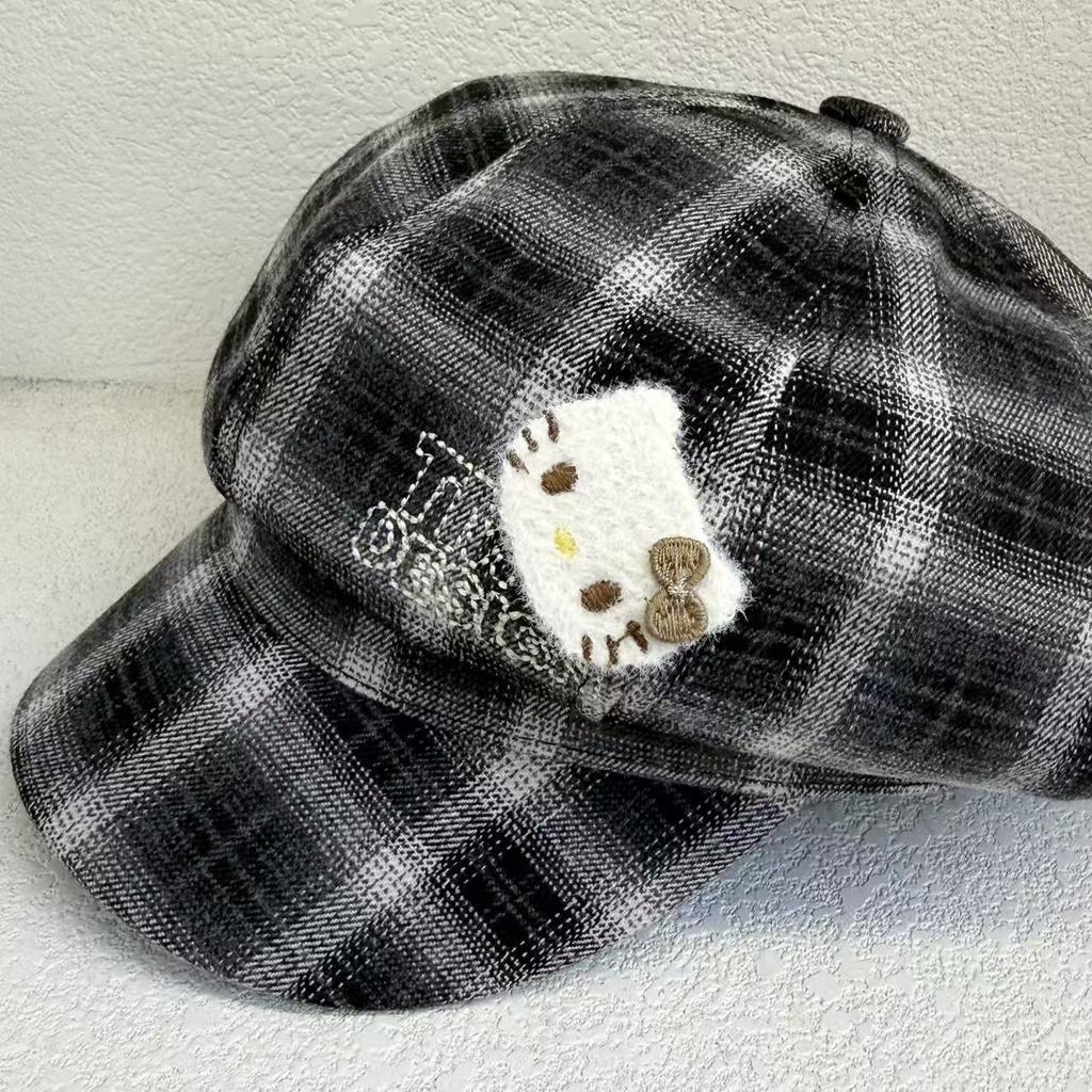 Autumn and Winter Versatile Face Small Plush Embroidered Newsboy Hat Retro Plaid Kitty Cat Adult Octagonal Beret