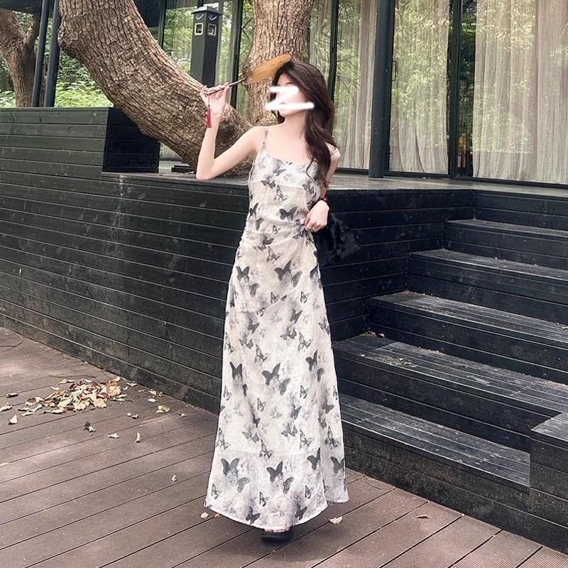 Cold ink butterfly floral suspender dress women's summer new French chic beautiful temperament dress