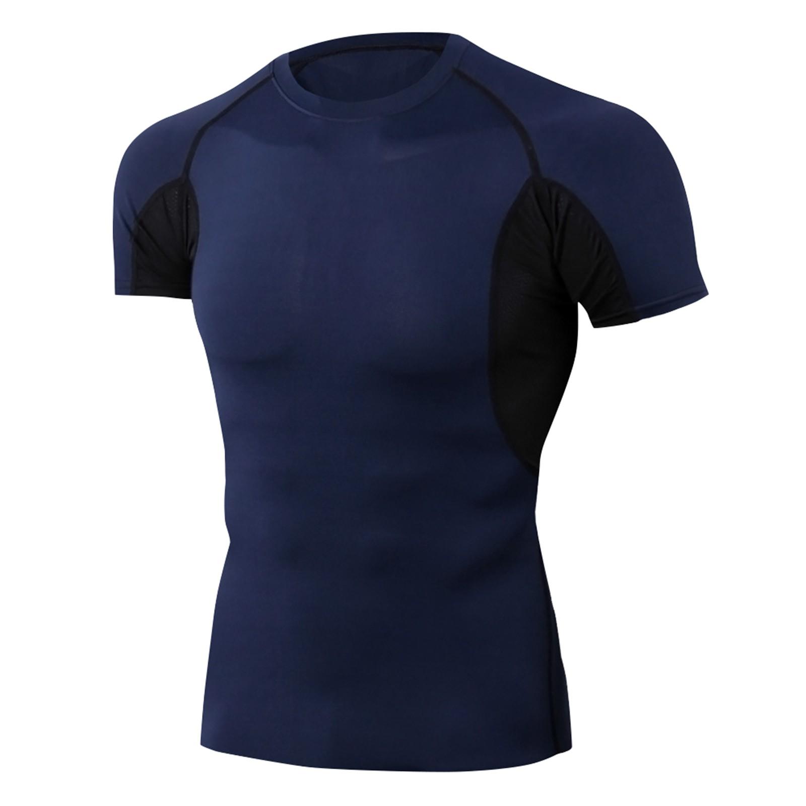 

Мужская летняя повседневная узкая рубашка с короткими рукавами и цветной строчкой для фитнеса, рубашка с мышцами, быстросохнущая одежда XXXL темно-синий