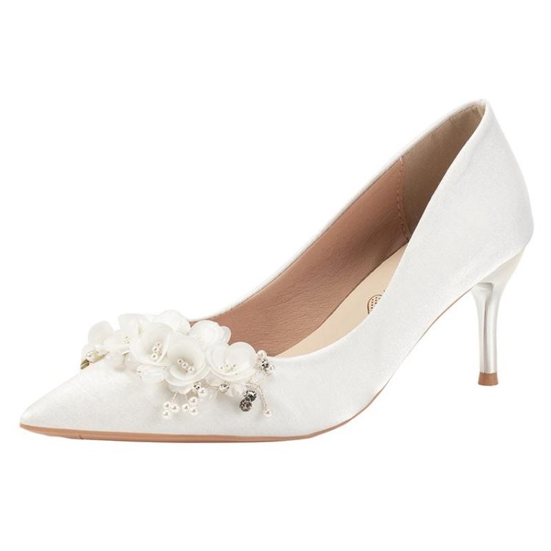 New White High Heels Women's Fine Heels Wedding Dress Two Wear Satin Flower Wedding Shoes Pointed Pumps