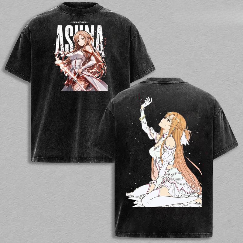 Sword Art Online Kirito Asuna Graphic Tshirt Men Women Couple Clothing Short Sleeve Cotton T-shirts Washed Tee Harajuku T Shirt