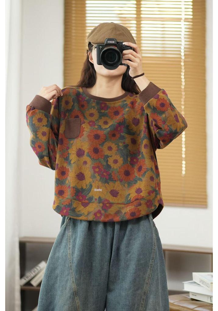 2026 Spring Artistic Printed Round Neck Loose Casual Women's Sweatshirt