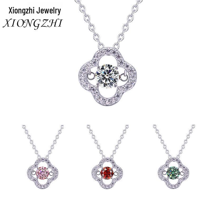S925 Silver Dancing Heart Moissanite Necklace: Women's 50-Point Colored Moissanite Clover Pendant on Clavicle Chain