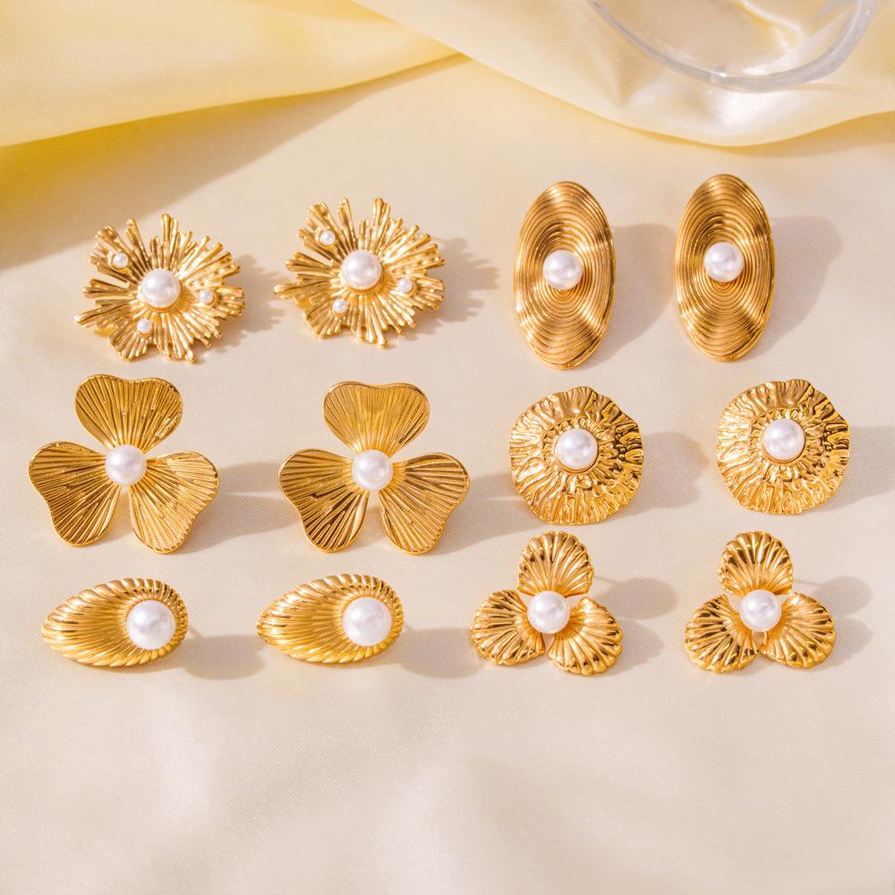 Polished Stainless Steel Pearl Stud Earrings for Women - Irregular Geometric Flower Design