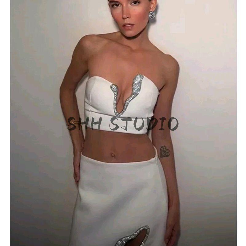Summer Women's Rhinestone Open Design Tube Top Vest Tops + Slim Looking High Waist A- line Skirt Suit