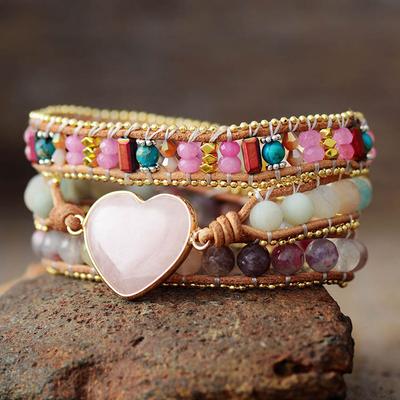 BLINGBAY Women's Bracelet New Pink Crystal Heart Shape Leather 3 Circle Wrap Bracelet Bohemian Friendship Bracelet Girls Party Birthday Jewelry Gift