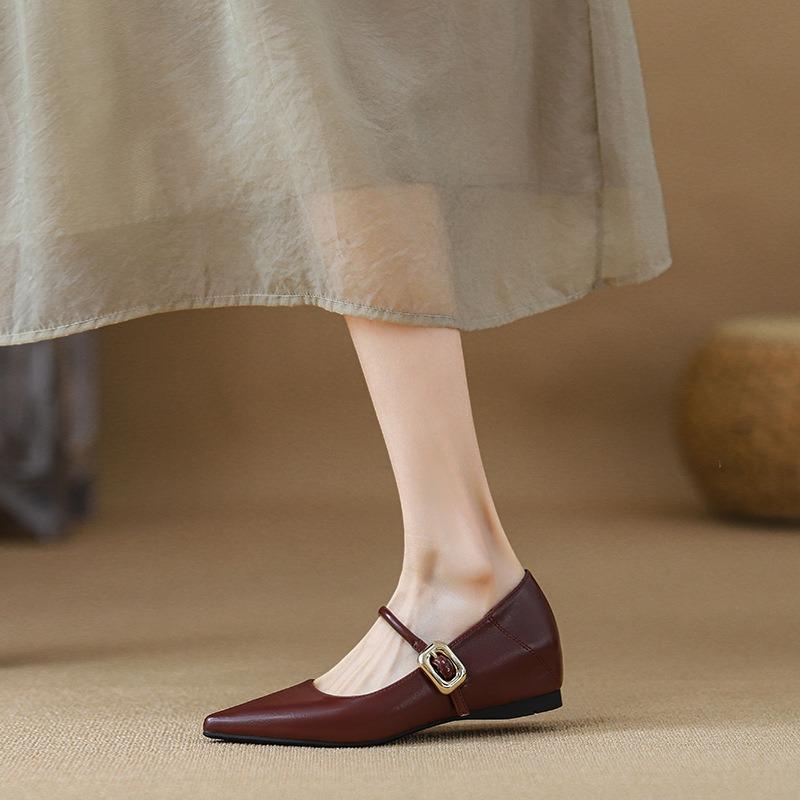 Inner heightening Mary Jane single shoes women's spring new pointed patent leather thick heel retro grandma shoes commuting about