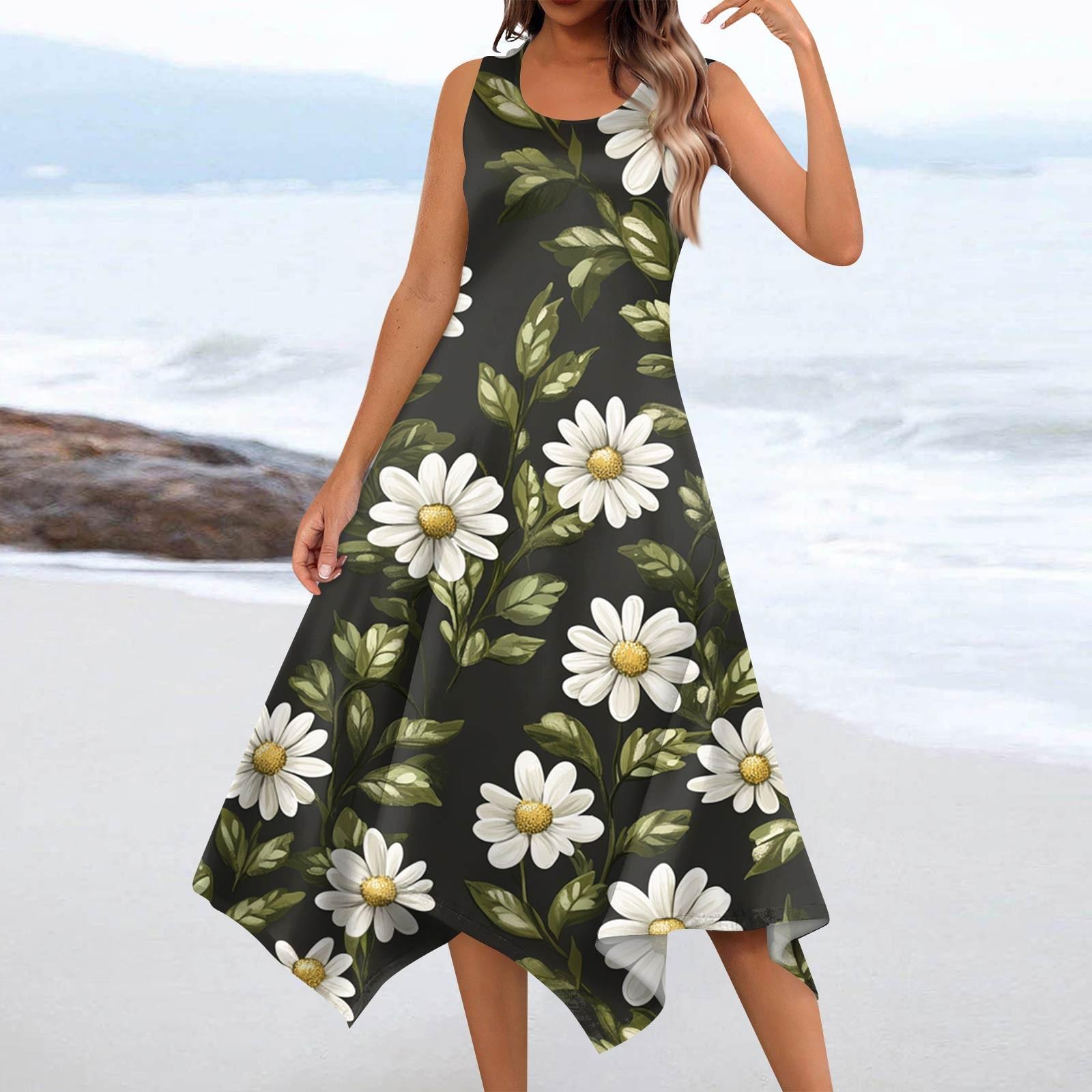 

Женское повседневное модное платье миди без рукавов с круглым вырезом и цветочным принтом, нерегулярный подол S