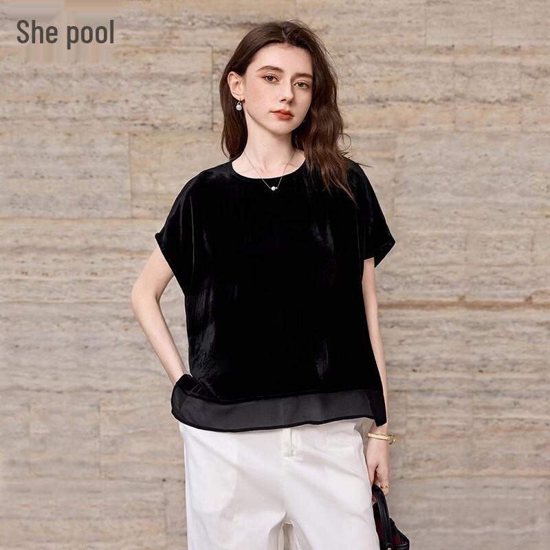 

Женская рубашка с сетчатыми вставками и бархатом, с круглым вырезом XL