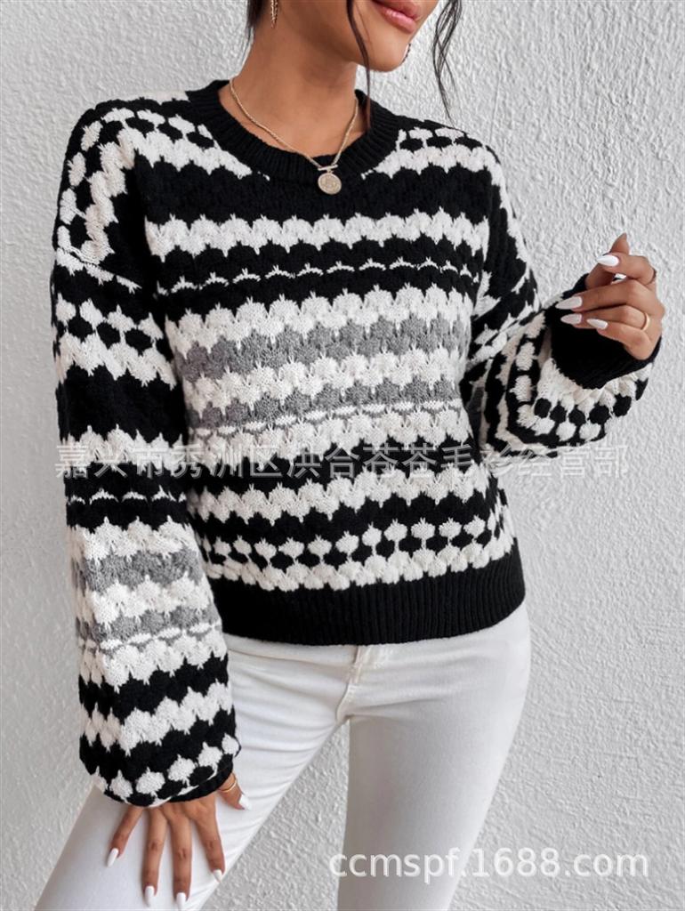 Autumn/winter new cross-border black-and-white striped color-block knit sweater, loose versatile pullover, mid-length lazy sweater for women