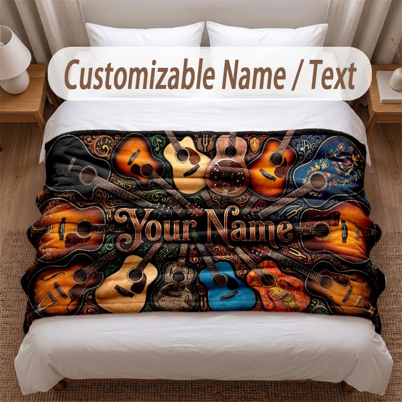 Music Guitar Theme Soft Blanket Personalized Custom Name Text Print Warm Blanket Home Sofa Bedroom Decor