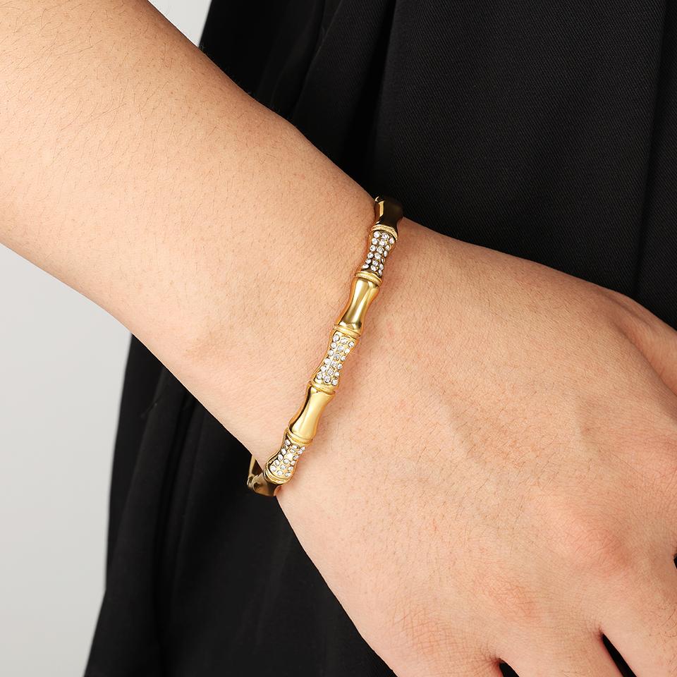 Htpwe Stainless Steel Bone Diamond Bamboo Bracelet Women 18k Gold Couple Holiday Gift Non-fading Bracelet Party Daily Zircon