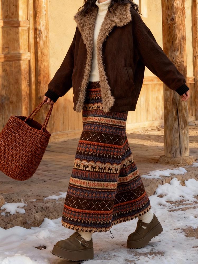 Fair Isle Ethnic Style Women's Fleece Drawstring Lantern Skirt for Autumn/Winter