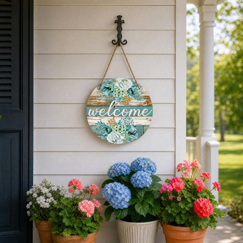 Spring and Summer Floral Wooden Welcome Sign, Single-Sided Printed Hanging Door Sign for Front Door and Home Decor