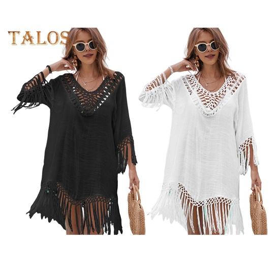 Beach Cover Up Dress V-Neck Woven Hollow Neckline Fringed Cuffs Hem Bikini Cover Up UV Protection Beach Dress