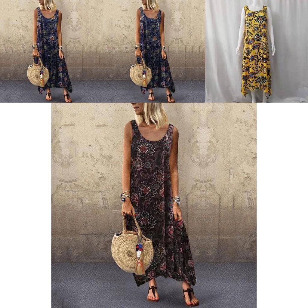 Plaj İçin Zarif Kadın Yazlık Kolsuz Tatil Uzun Boho Kaftan Tank Elbise