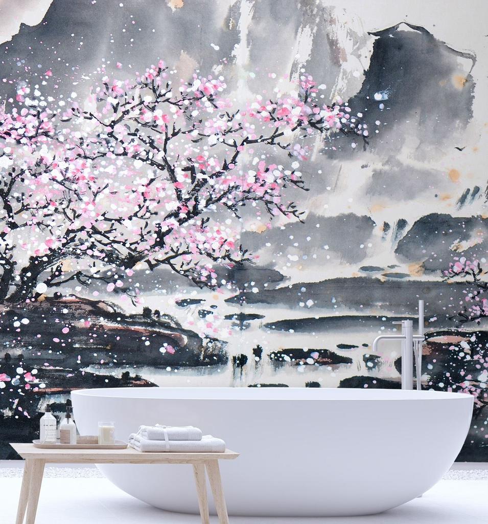 Wallpaper Blossoming Cherry Tree Japan Landscape