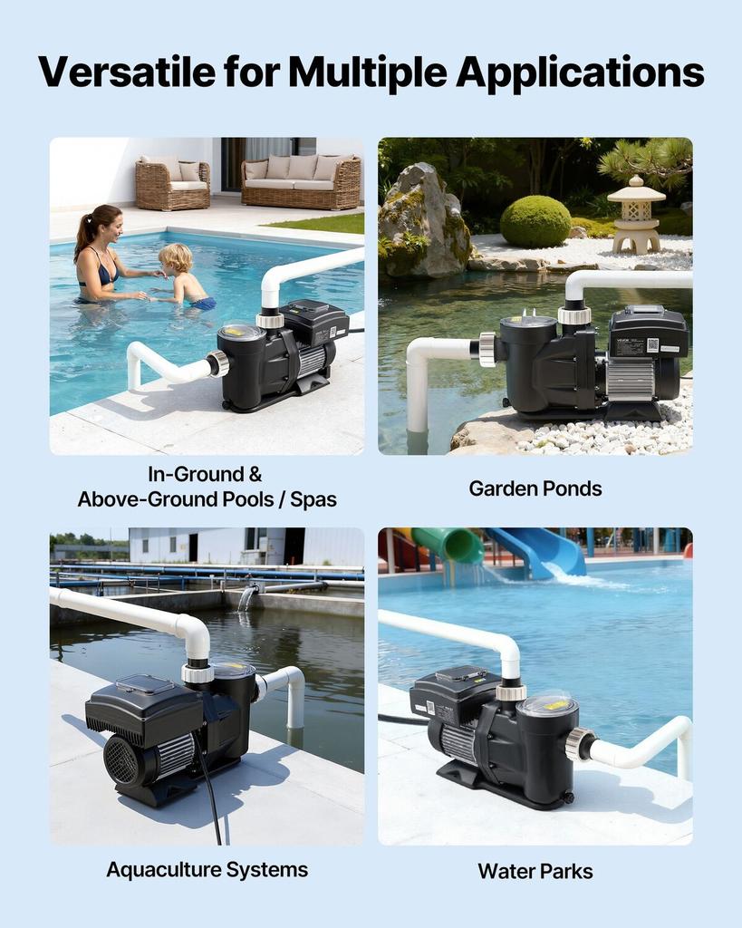 Variable Speed Pool Pump, 2200W, AC 220-240V, 43,000 L/H, In/Above Swimming Pool Pump with Filter Basket, Powerful Self Priming, Programmable Timer,