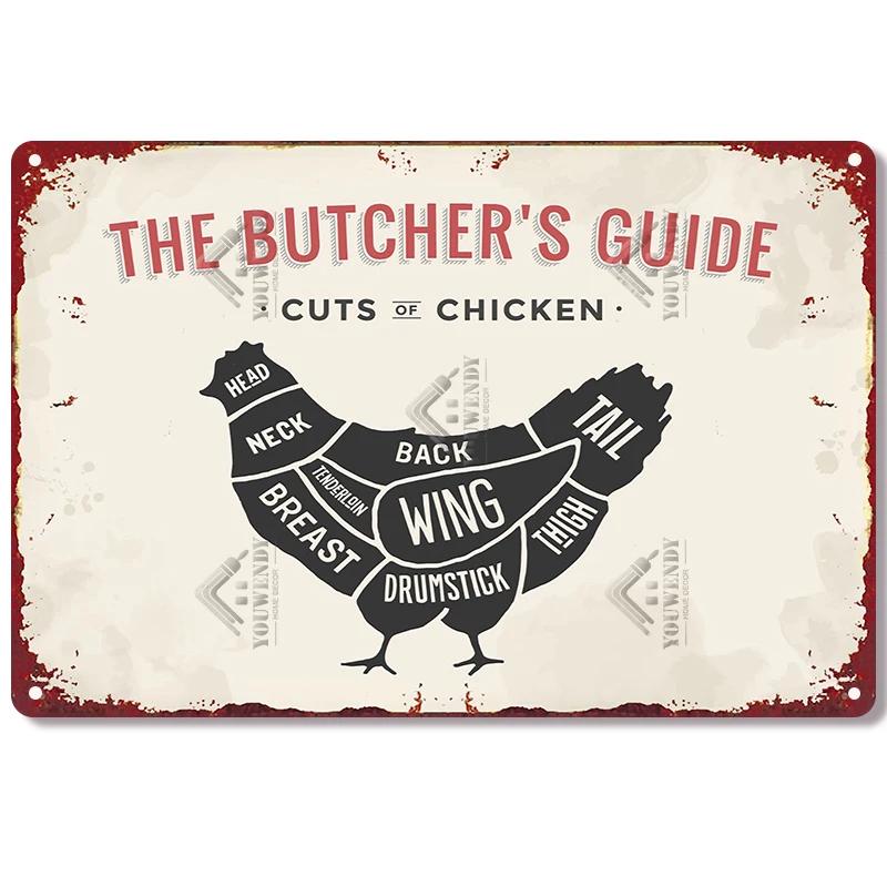 The Butcher's Guide Vintage Metal Signs, Kitchen Poster Cuts of Beef, Pork, Duck, Fish, Shop Wall Decor, Tin Sign, 20x30cm