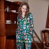 [Green Red Lips] New Spring, Summer and Autumn Ice Silk Pajamas Women's Thin Simulated Silk Printing Long-sleeved Loungewear Set