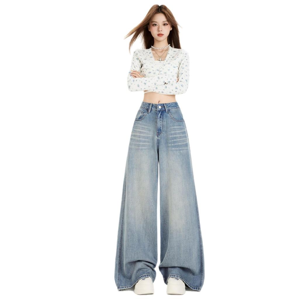 Autumn Women's Wide-Leg Jeans - Wrinkled Cat Whisker Design with Draped Look