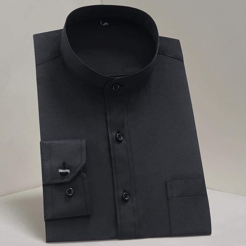 Men's Autumn Long Sleeve Chinese Stand-Up Collar White Shirt - Zhongshan Style for Middle-Aged and Elderly