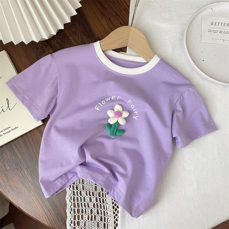 Girls Summer Short Sleeve T Shirt with 3D Floral Design Stylish and Versatile Top