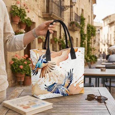  Watercolor Bird Print Tote Bag Casual Large Capacity Shoulder Handbag for Daily Use
