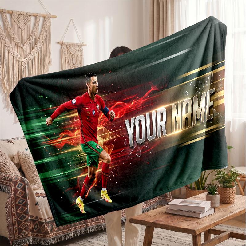 Futbol Logolu Kişiselleştirilmiş Cristiano Ronaldo Polar Battaniye, Özel İsim Yazılı Yumuşak Sıcak Ev Battaniyesi