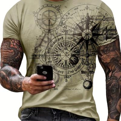 Camiseta de manga corta con cuello redondo y estampado gráfico de brújula estilo retro para hombre. Tops elegantes y con estilo para uso diario en verano.
