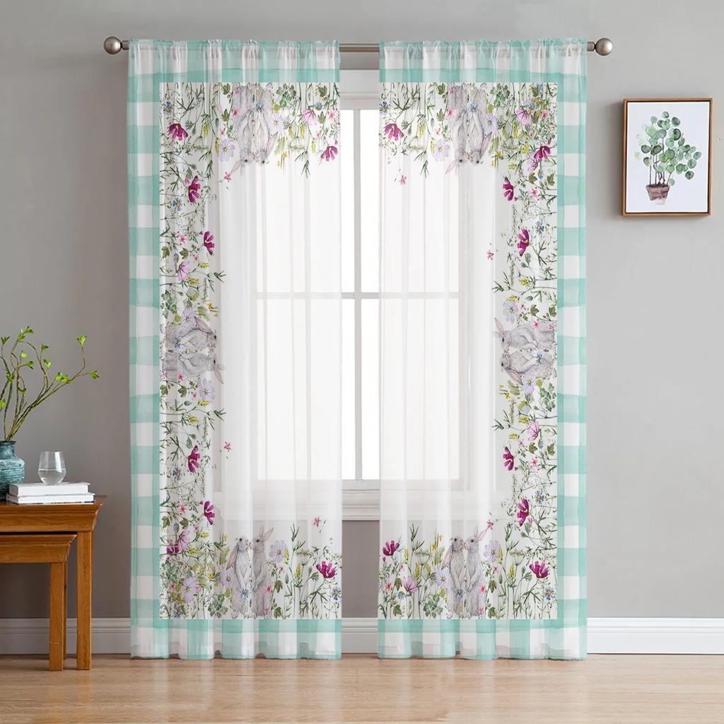 Light Filtering Easter Retro Farm Style Bunny Curtains Bedroom Living Room Festival Decor Cute Rabbit Kitchen Window Tulle Curtain Polyester Washable