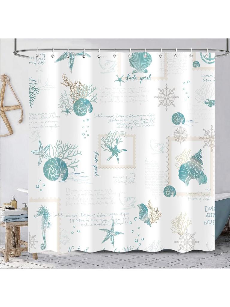 Coastal Beach Seahorse Starfish Shower Curtain, Ocean Themed Scallop Nautical Beach Scene Seashell Shower Curtains for Bathroom