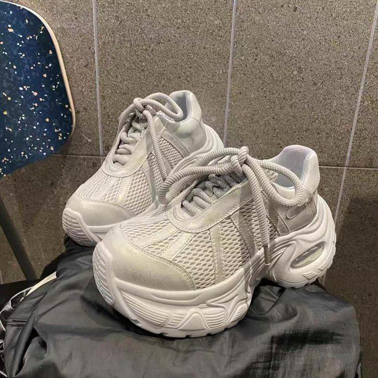 Mesh breathable thick sole heightening leather air cushion dad shoes women's retro polishing 2025 spring new sports and leisure shoes