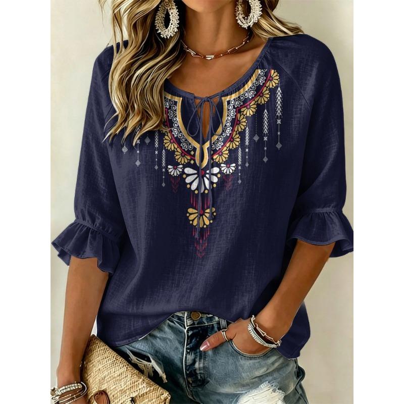 Women's Navy Ethnic Embroidered Tie Neck Blouse, Casual Loose Tops for Spring Summer Daily Wear & Vacation Occasions