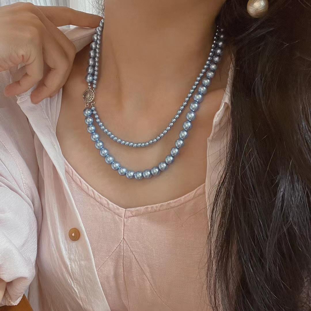 

Retro Blue Enchantress Size Mix And Match Double-Layer Shijia Blue Pearl Necklace Collarbone Chain Neck Chain
