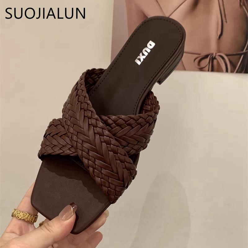 Fashion SUOJIALUN 2025 Summer New Brand Women Slipper Fashion Weave Slip On Ladies Elegant Slides Soft Flat Heel Outdoor Dress Sandal