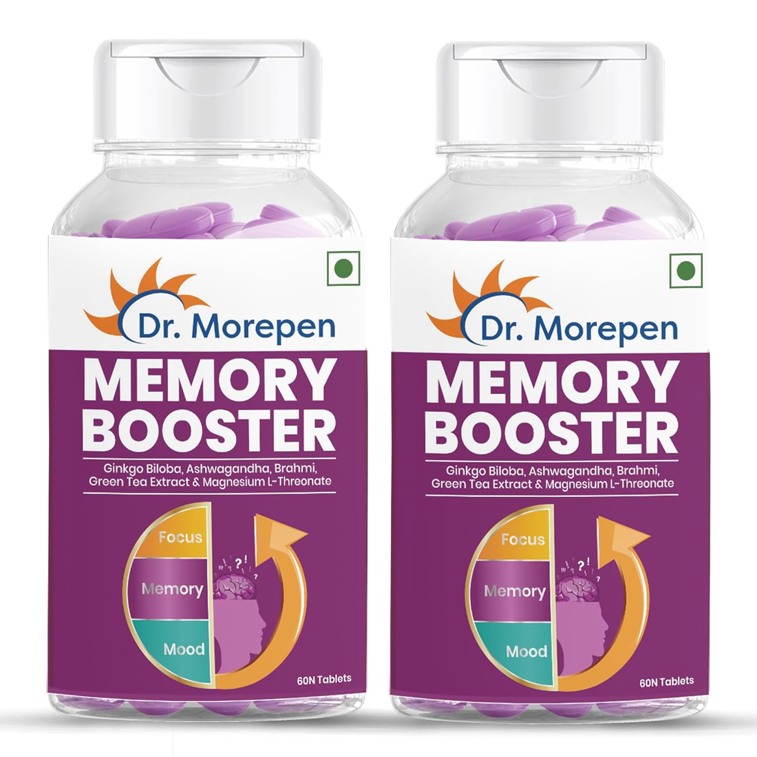 

DR. MOREPEN Memory Focus Mood Tablets With GABA Ashwagandha Chamomile Brahmi Vitamins B1 B2 B3 Magnesium Pack of 2 X 60 Tablets