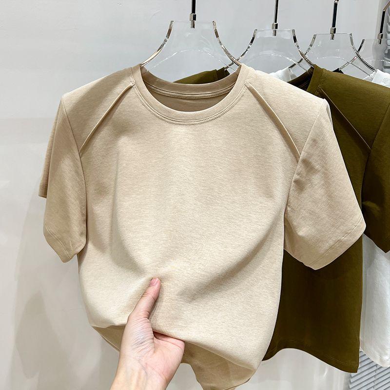 

White Summer Padded Shoulder Stylish Loose Short Sleeve T-Shirt Khaki L