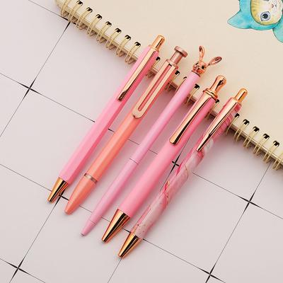 Sevimli Pembe Bas Döndür Tükenmez Kalem Lüks Kawaii Metal Kırtasiye Okul Ofis Malzemeleri 5 Parça