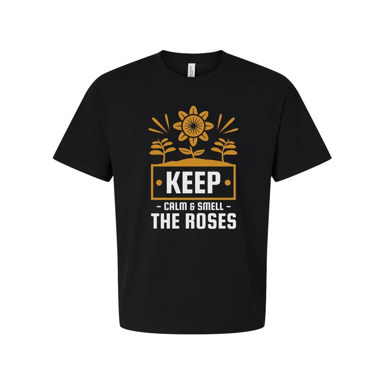Unisex Gardening T Shirt With Keep Calm And Smell The Roses Sunflower Floral Gra S