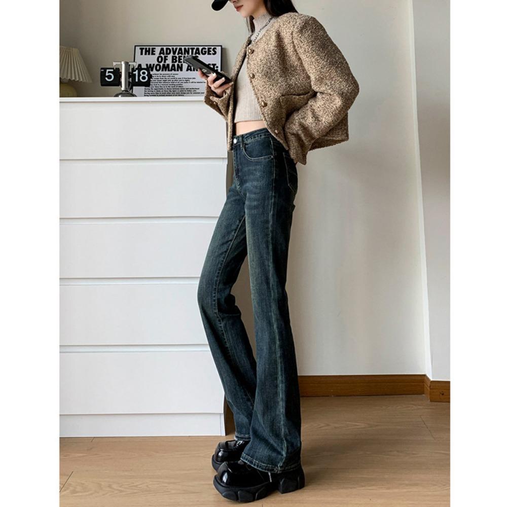 0774 Personalized Street Horseshoe Jeans Women's High Waist and Thin Horn Spring and Autumn New Popular Micro-horn Jeans