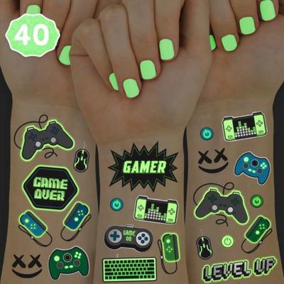 Xo Fetti Video Game Party Supplies Temporary Tattoos 40 Glow In the Dark Style | Birthday Gift Decoration Controller Computer Keyboard Gamer Arcade