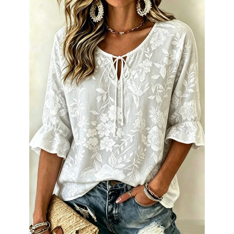 Women's Cherry Blossom Print Color Block Tie Neck Blouse, Ruffle Half Sleeve Feminine Top for Spring Summer Wear